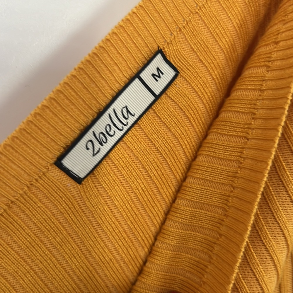 Mustard yellow stretchy cinched waistline v neck  ribbed knit sweater dress - Picture 2 of 5